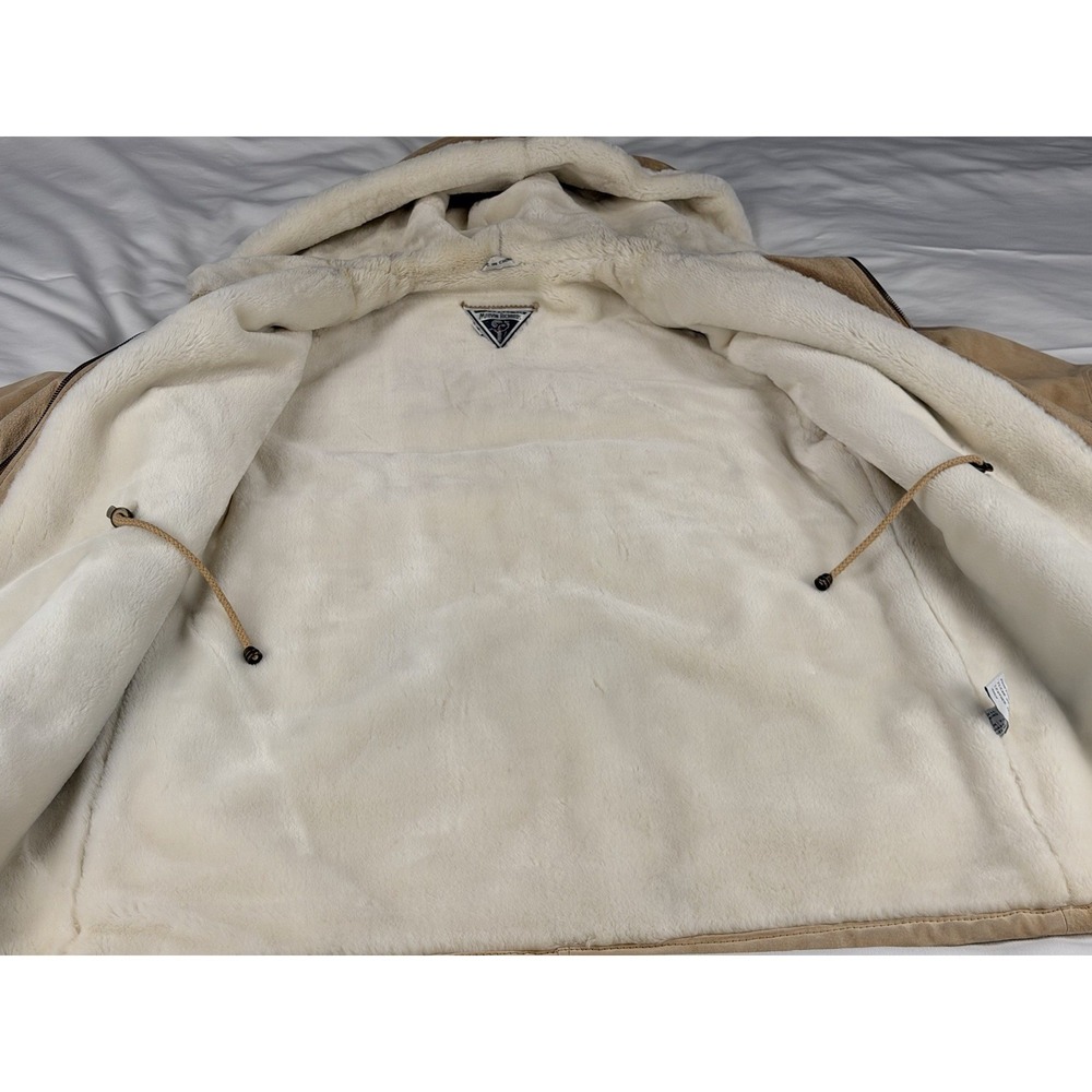 Vintage Marvin Richards Shearling Suede Leather Hooded Coat Womens L Tan